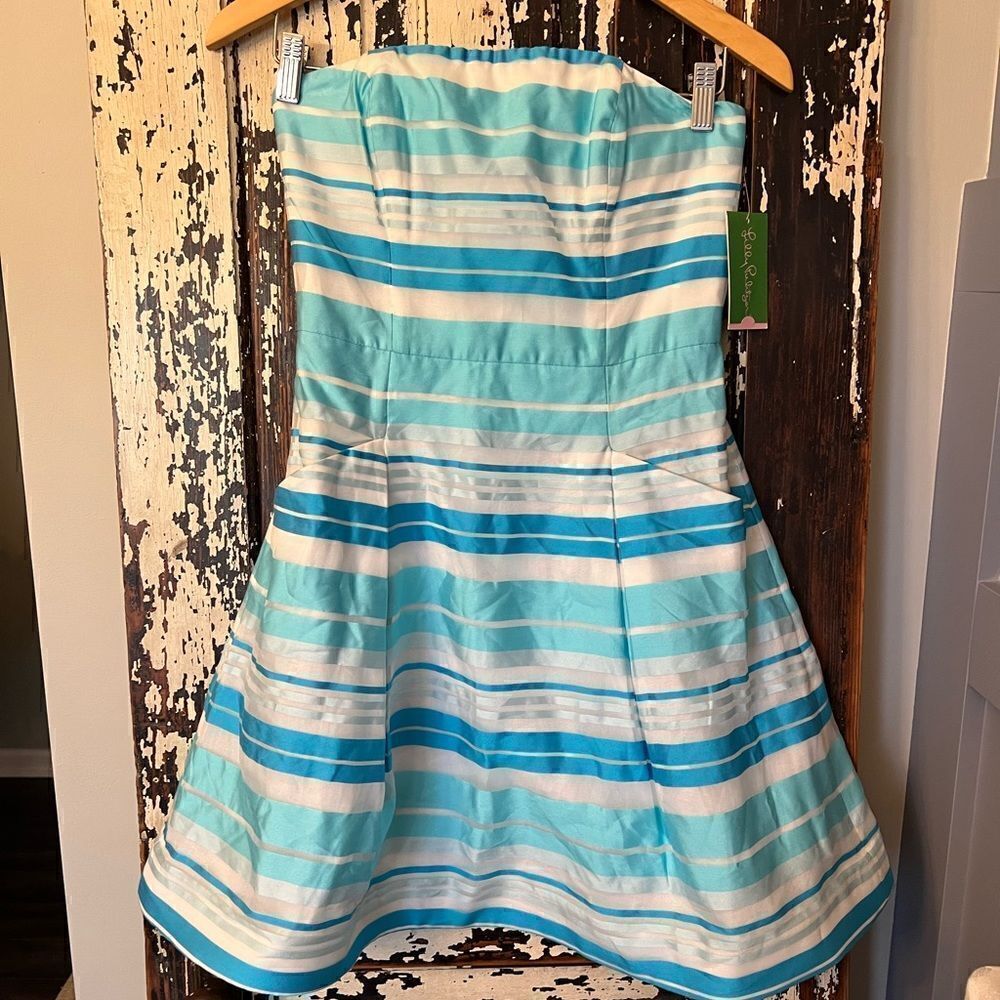 NWT Lilly Pulitzer Blossom strapless party dress. Turquoise wrapping stripe. 2.